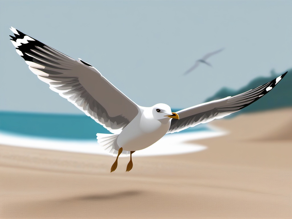 Seagull Clipart - Seagull flying low over the sandy beach , minimal, 2d