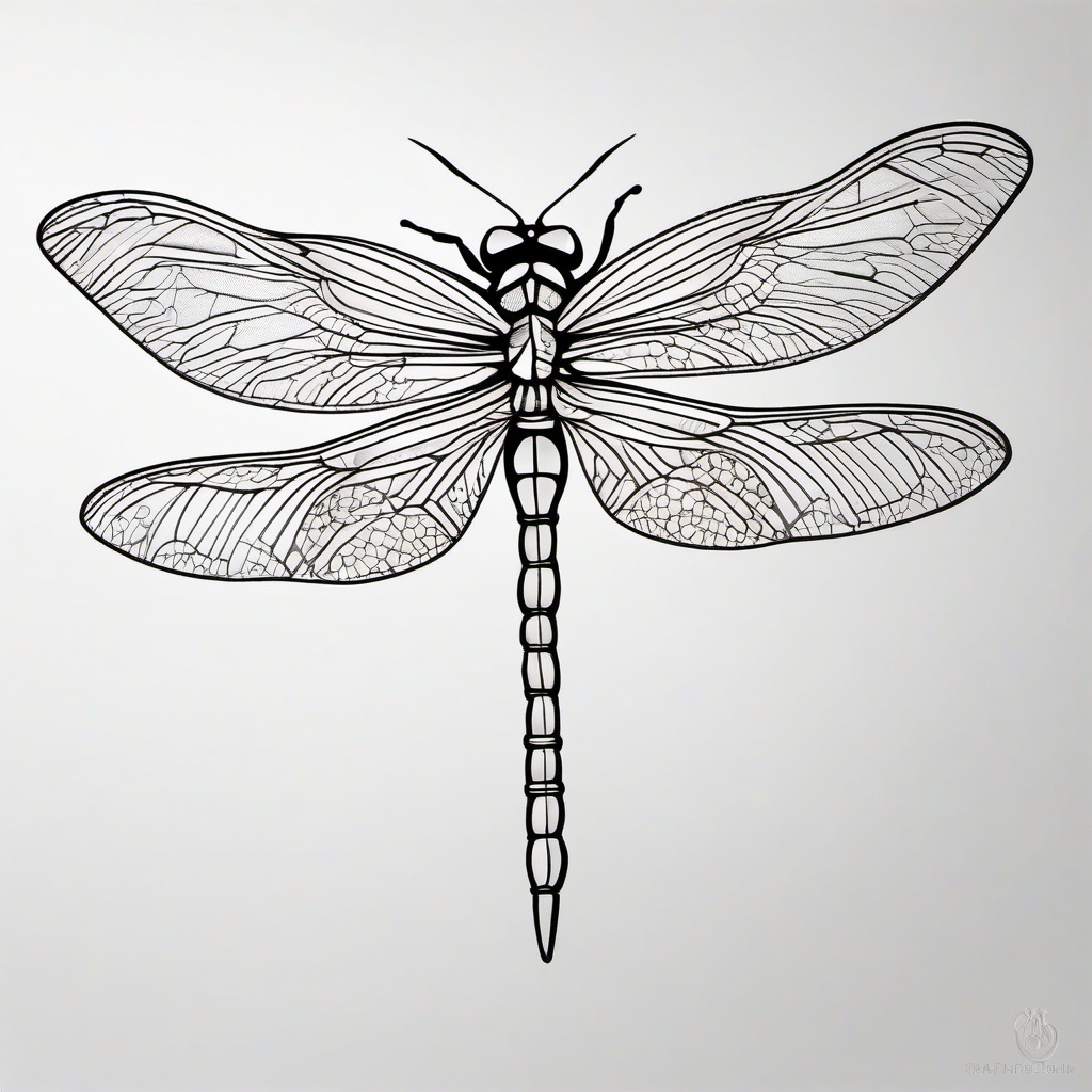 Fineline Dragonfly Tattoo - Tattoo featuring a dragonfly design created with fine and detailed lines.  simple color tattoo,minimalist,white background