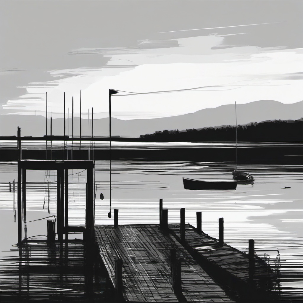 drawing of a dock  minimal rough scribbles,doodles,black and white