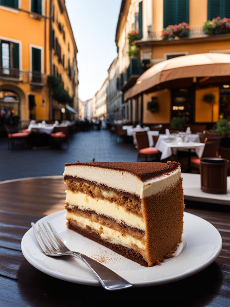 rich tiramisu cake served at an italian bistro, overlooking a bustling piazza. 