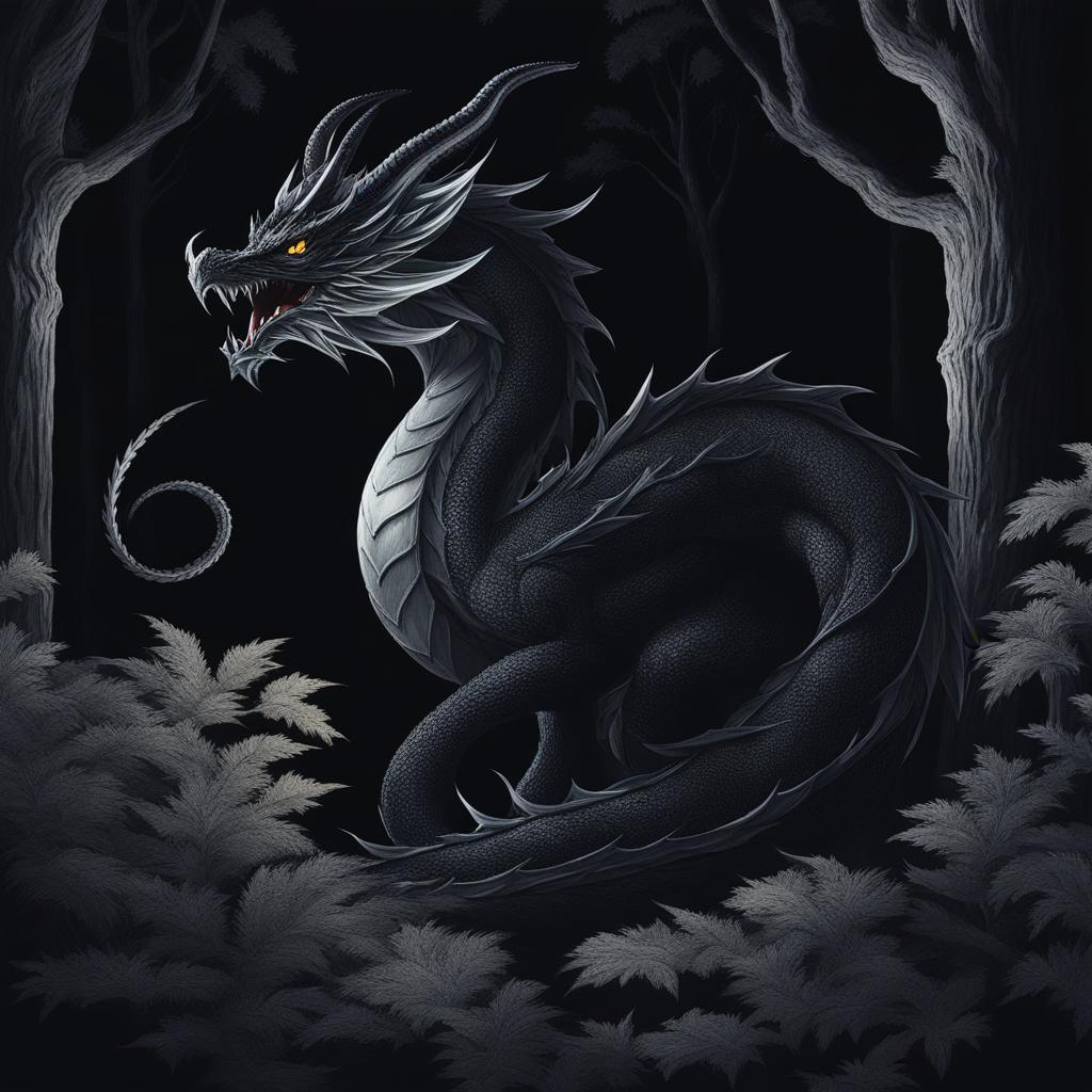 shadow dragon lurking in the depths of a moonlit forest, its dark form blending seamlessly with the shadows. 