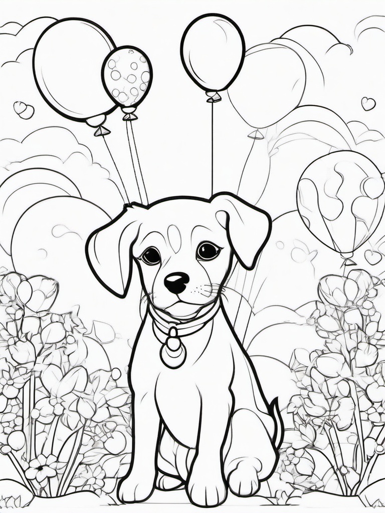 Puppy and Balloons Coloring Pages - Festive Scene with Puppy and Balloons  minimal black outline printable sheet, coloring page