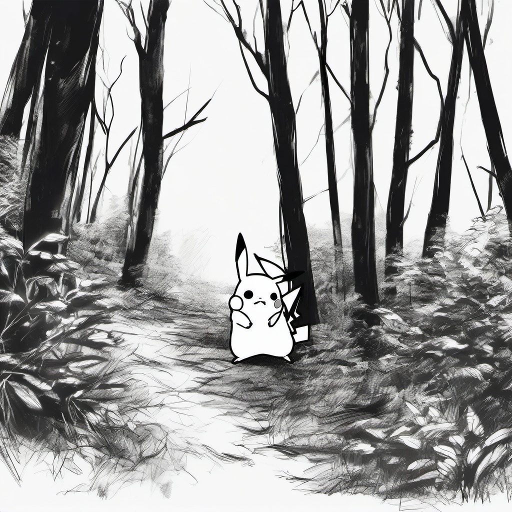 drawing of Pikachu in a forest  minimal rough sketch scribbles,doodles,black and white