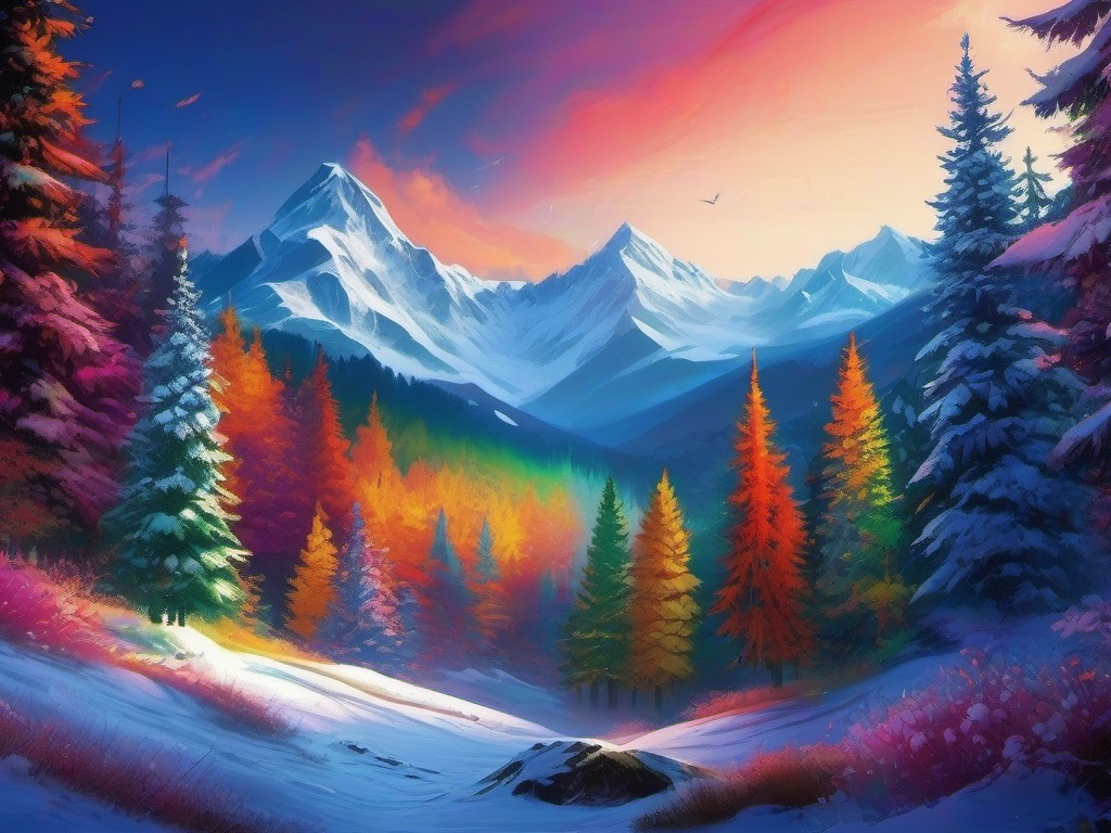 Desktop Wallpaper - Snowy Forest and Mountain Landscape wallpaper splash art, vibrant colors, intricate patterns