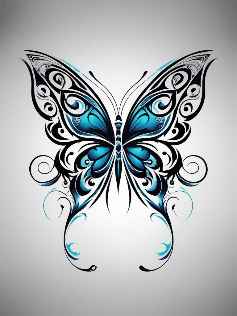 Tribal butterfly, A fusion of tribal tattoo design and the delicate beauty of a butterfly.  viviid colors, white background, tattoo design