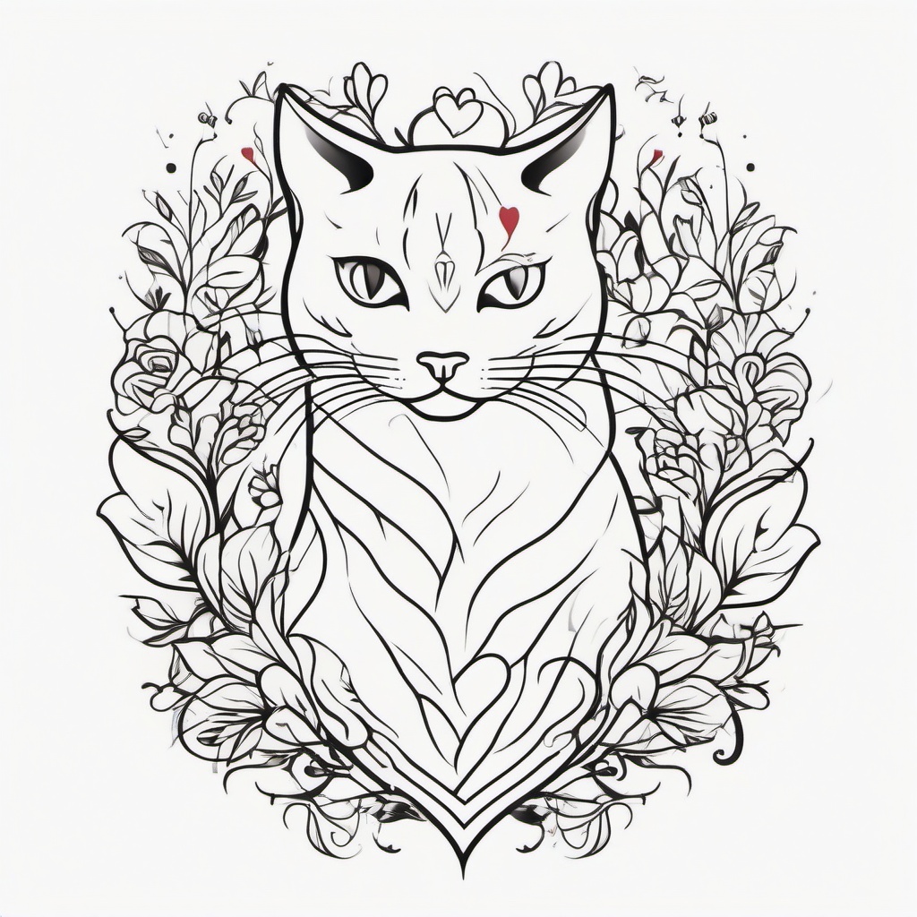 Cat and Heart Tattoo - Tattoo featuring a cat and heart-themed elements.  minimal color tattoo, white background