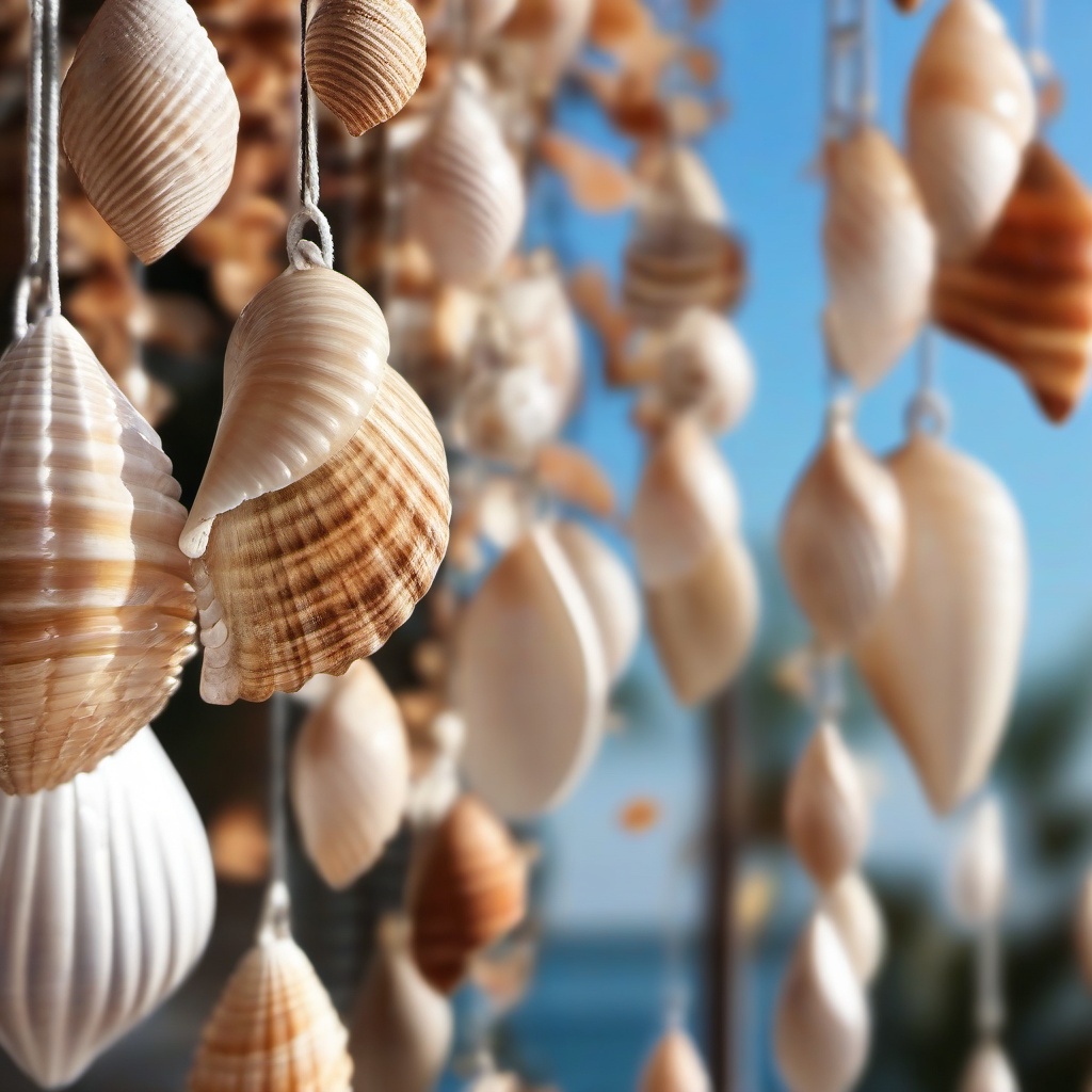 Seashell wind chimes and decor close shot perspective view, photo realistic background, hyper detail, high resolution