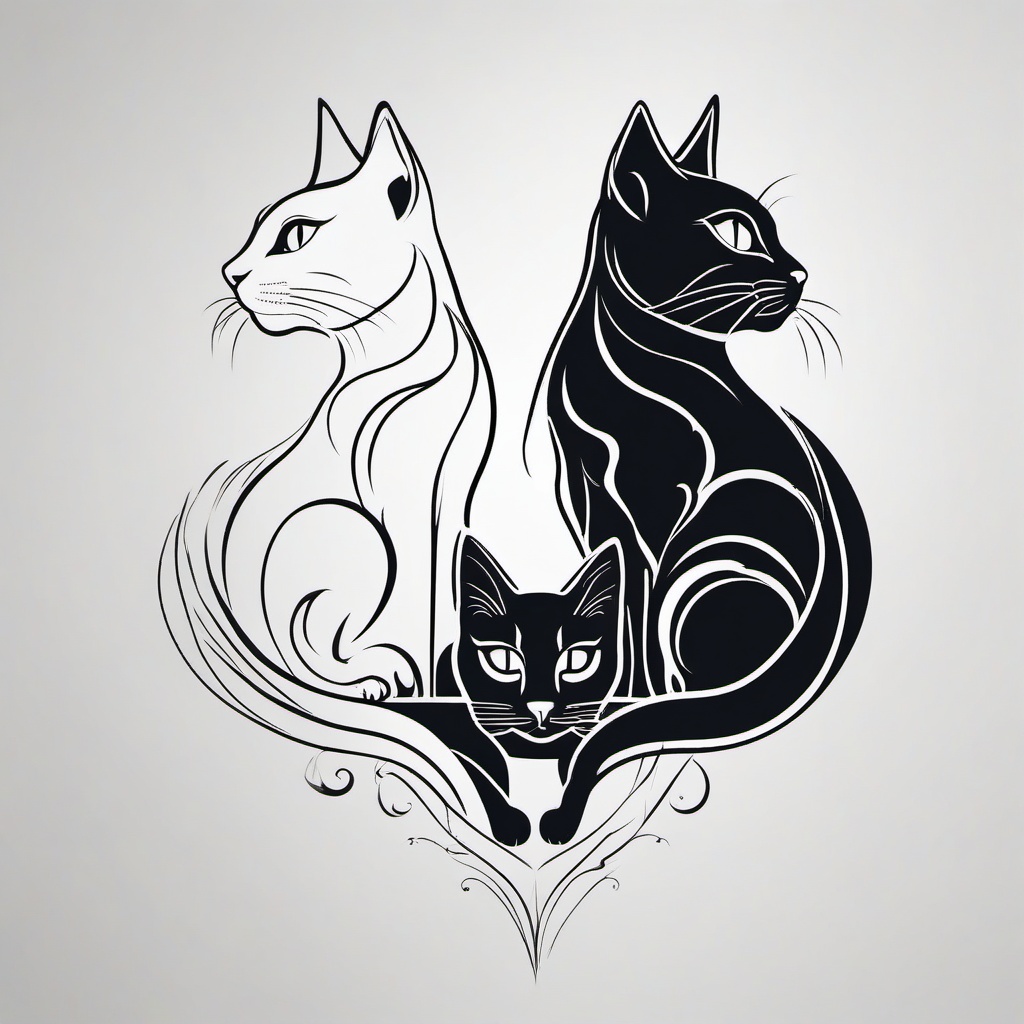 3 Cat Tattoo - Tattoo featuring three cats for a triple cat design.  minimal color tattoo, white background