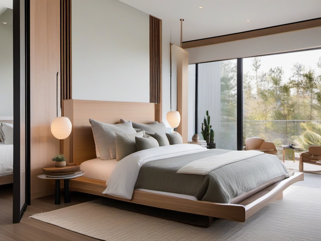 The master bedroom embraces Japandi interior design with a calming color palette, natural fabrics, and minimalist decor that create a peaceful sanctuary for restful sleep.  