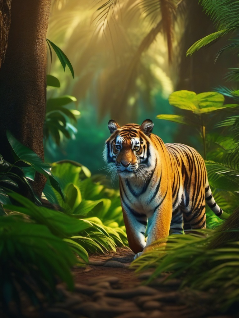 Cute Tiger Prowling in the Indian Jungle 8k, cinematic, vivid colors