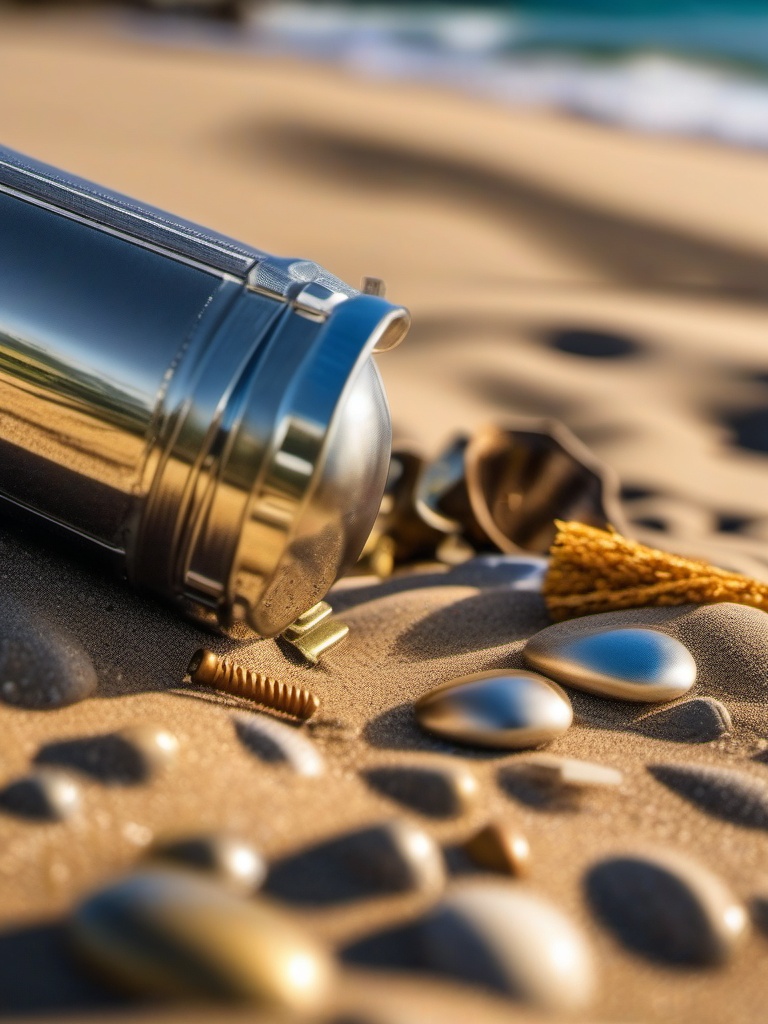 Beachside treasure hunts and geocaching close shot perspective view, photo realistic background, hyper detail, high resolution