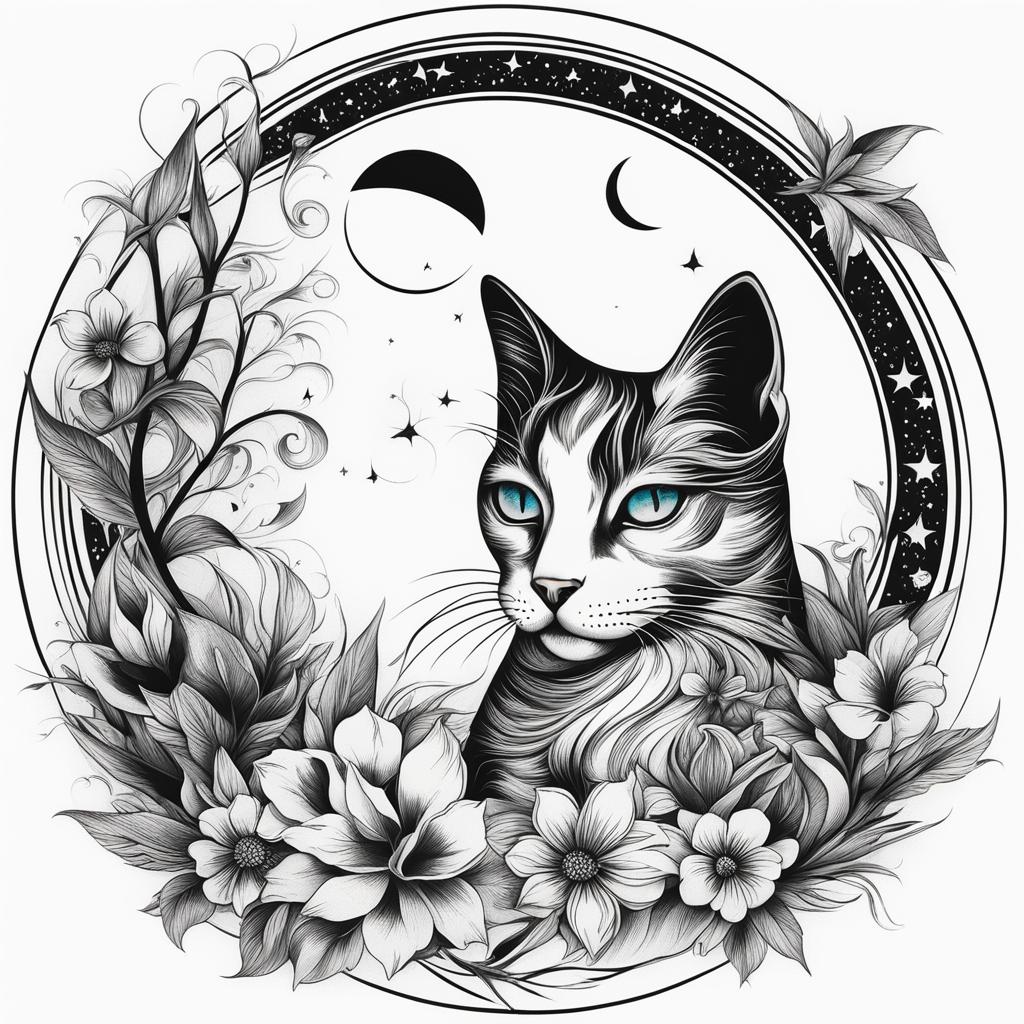 Cat and moon tattoo, Creative tattoos featuring cats alongside moon imagery.  color, tattoo style pattern, clean white background