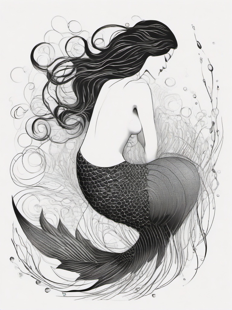 drawing of a mermaid swimming  minimal rough sketch scribbles,doodles,black and white