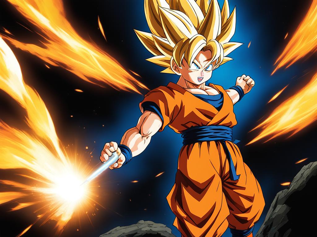 female goku charges a powerful kamehameha wave in a fiery battleground. 