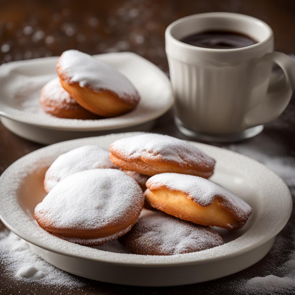 beignets, new orleans-style fried doughnuts dusted with powdered sugar. 