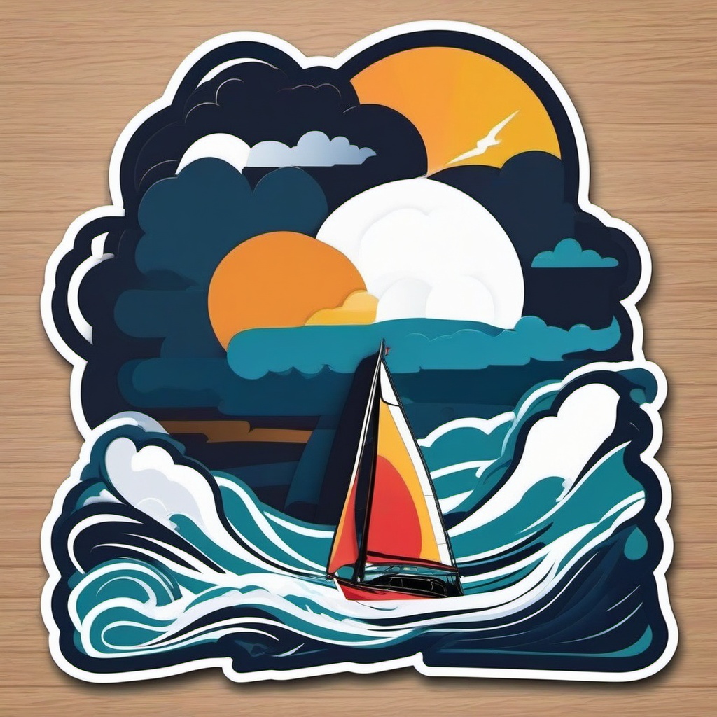 Sailboat in Storm Sticker - Sailboat navigating stormy seas, ,vector color sticker art,minimal