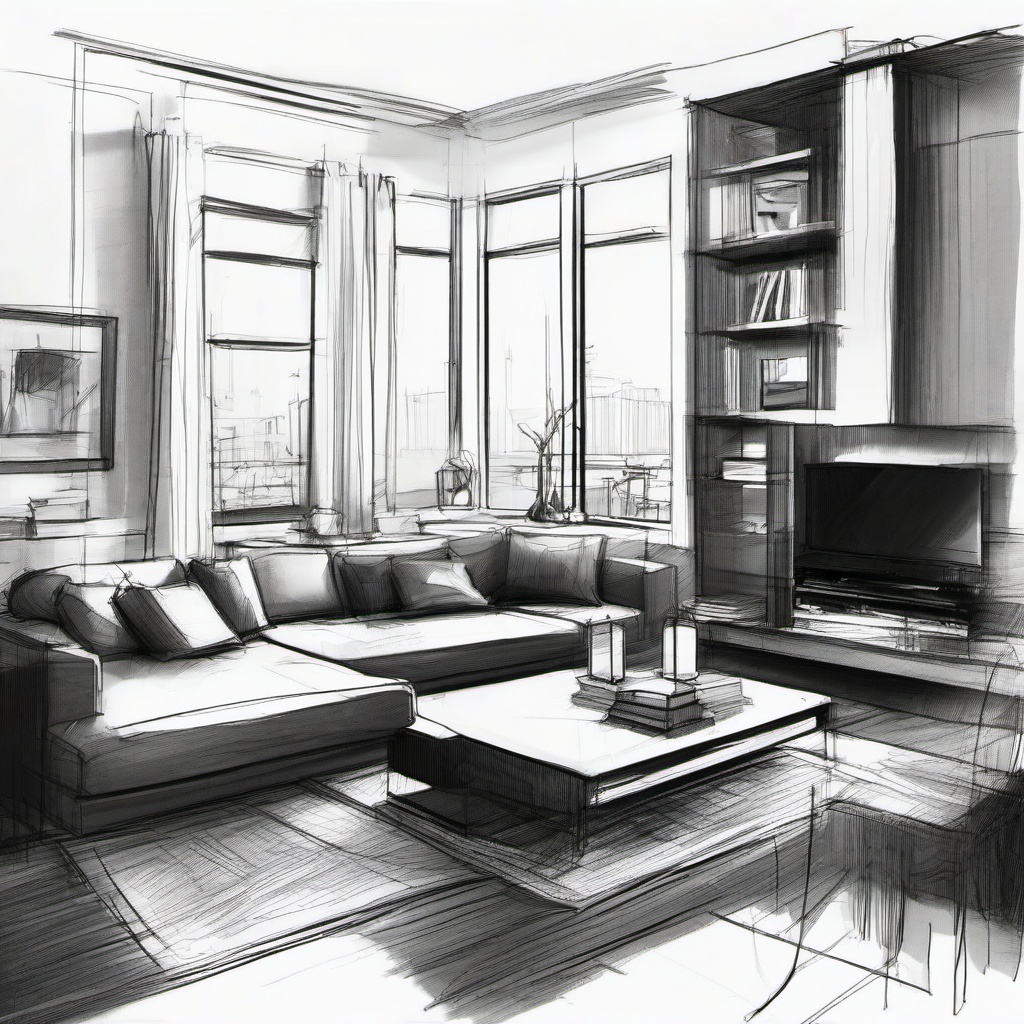 sketch of a living room  minimal rough sketch scribbles,doodles,black and white