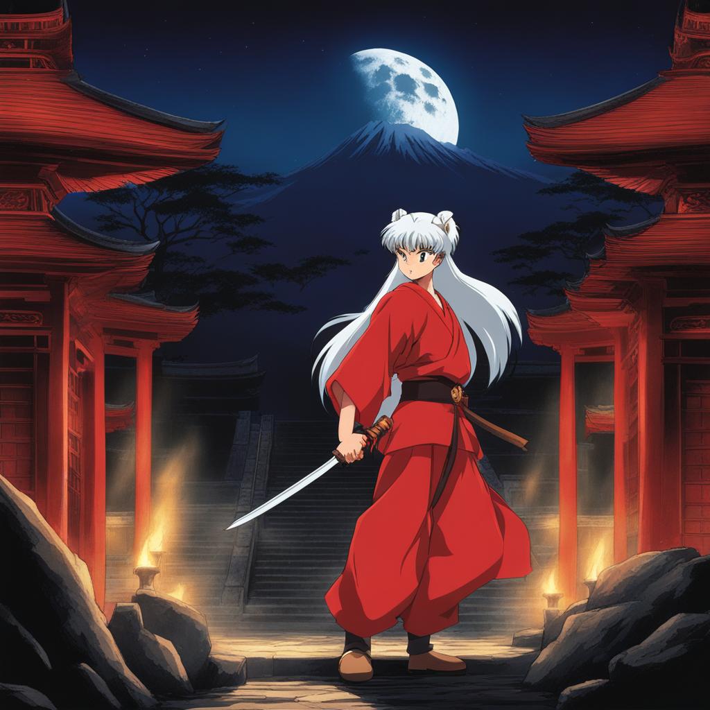 inuyasha - battles menacing demons in a moonlit, ancient temple. 