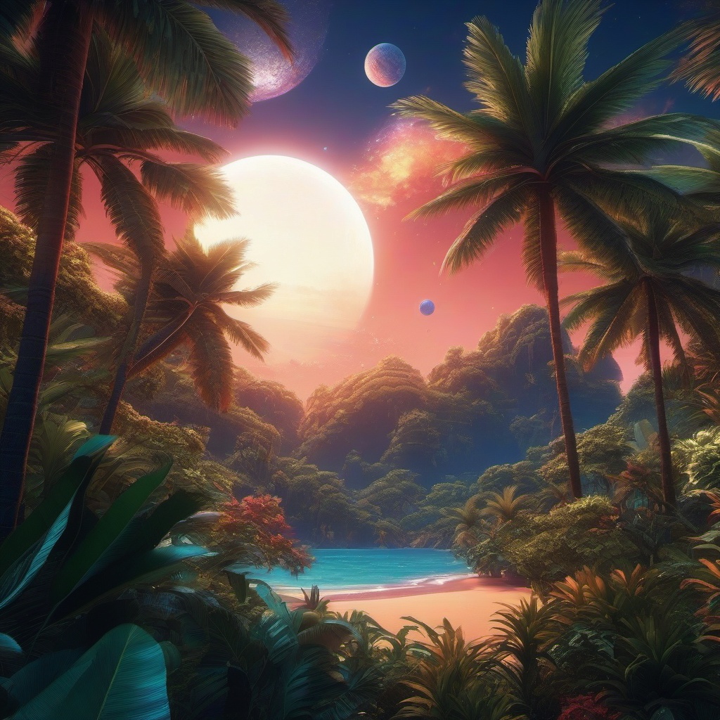 Tropical Space Paradise on a Distant Exoplanet Space Anime Wallpaper for Phone intricate details, patterns, wallpaper photo