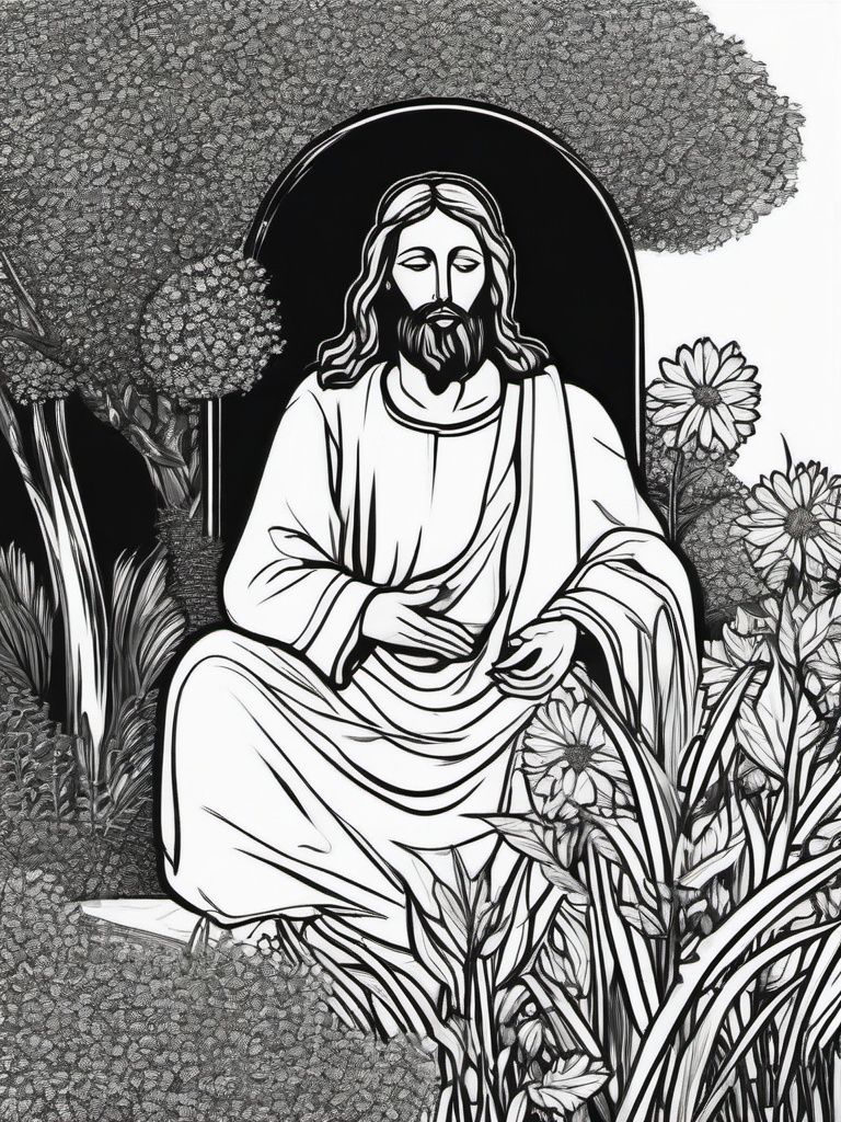 drawing of Jesus in a garden  minimal rough sketch scribbles,doodles,black and white