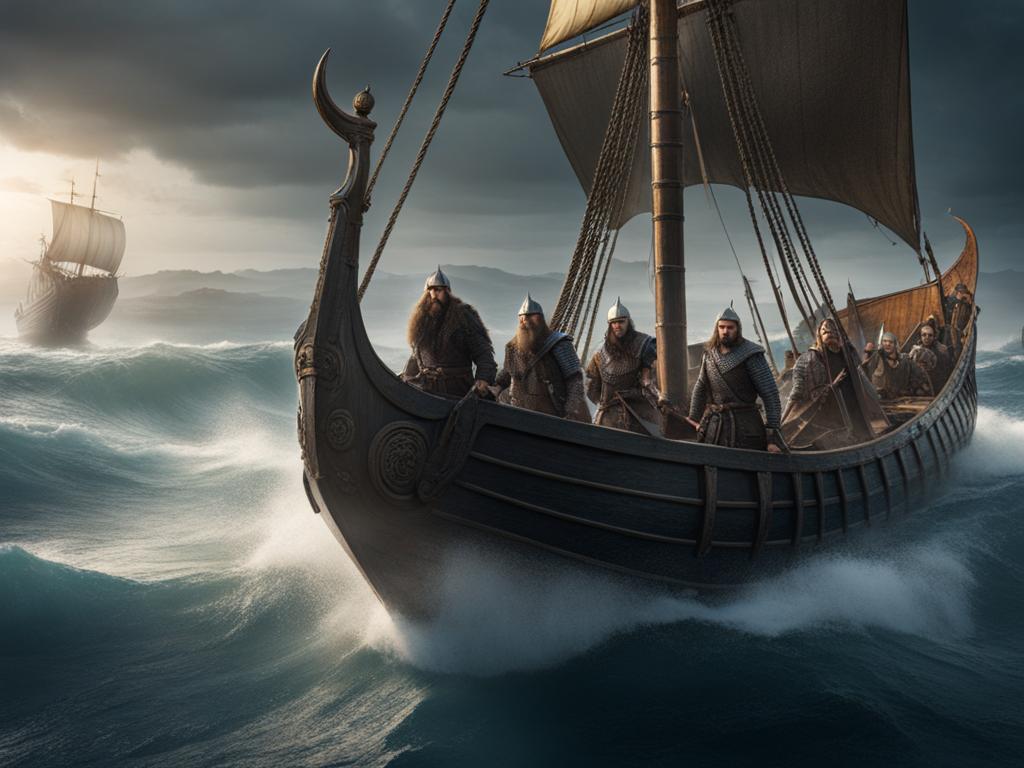 brave viking warriors embarking on a perilous sea voyage to uncharted lands. 