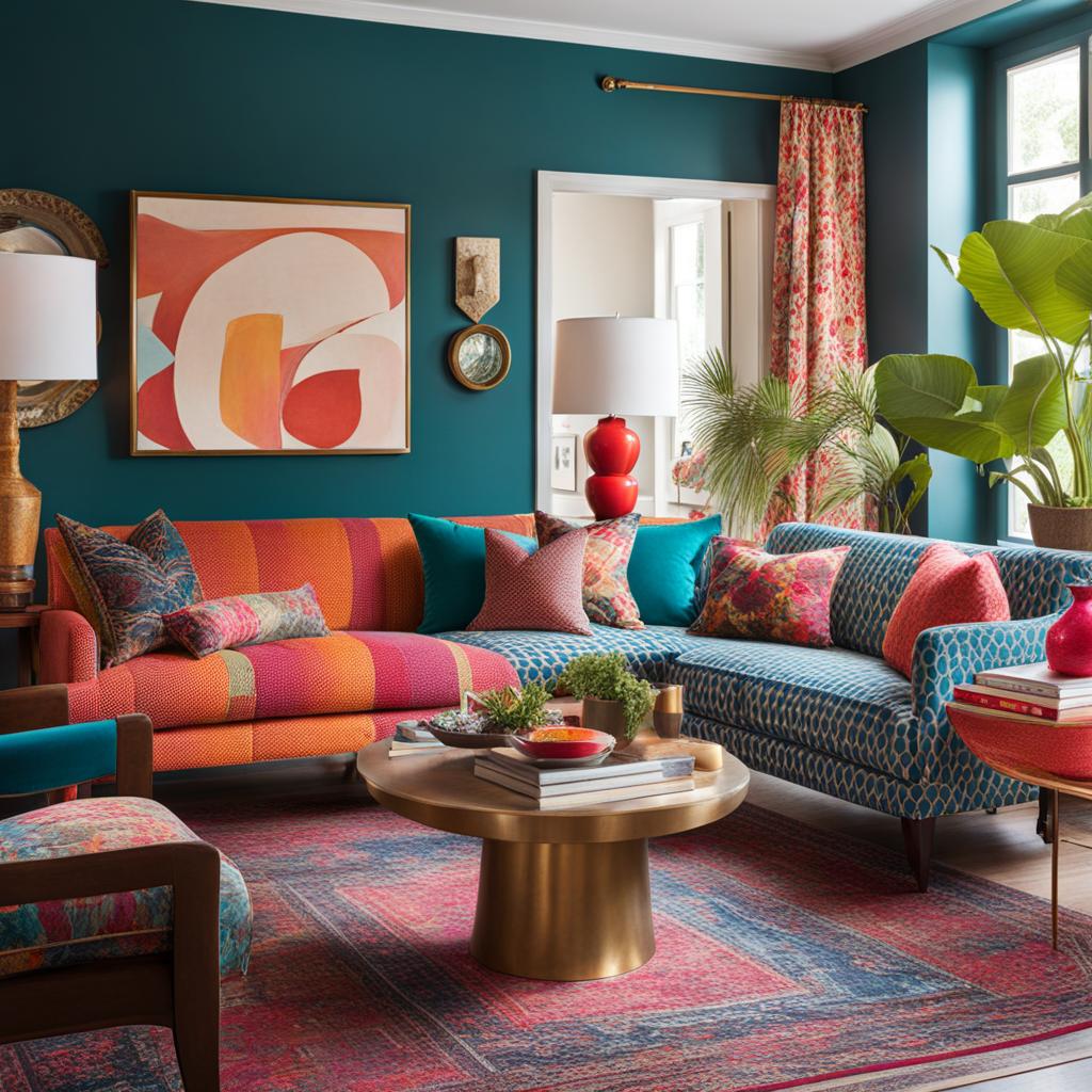 eclectic living room with a mix of patterns and bold colors. 