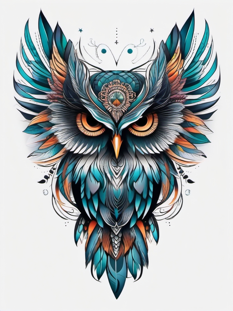 Mystical owl tattoo with enchanting, magical feathers.  color tattoo style, minimalist design, white background