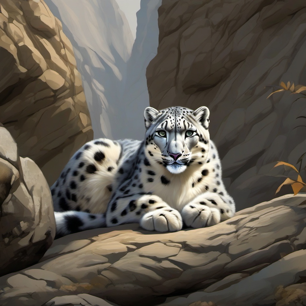 Snow Leopard cartoon - Snow Leopard resting on a rocky cliff  