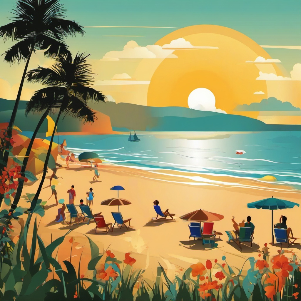 August clipart - beach scene with people enjoying August sun  