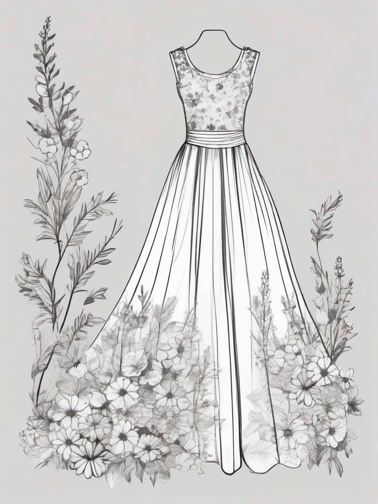 drawing of a dress with flowers  minimal rough sketch scribbles,doodles,black and white