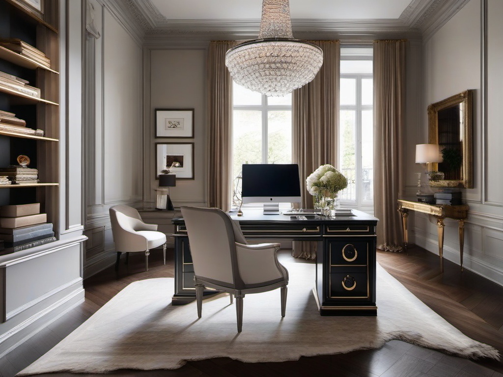 Parisian home office captures elegance with chic furnishings, decorative moldings, and stylish accents for a refined working space.  