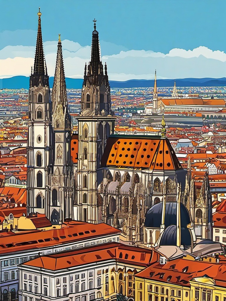 Vienna clipart - St. Stephen's Cathedral and Vienna cityscape,  color clipart, vector art