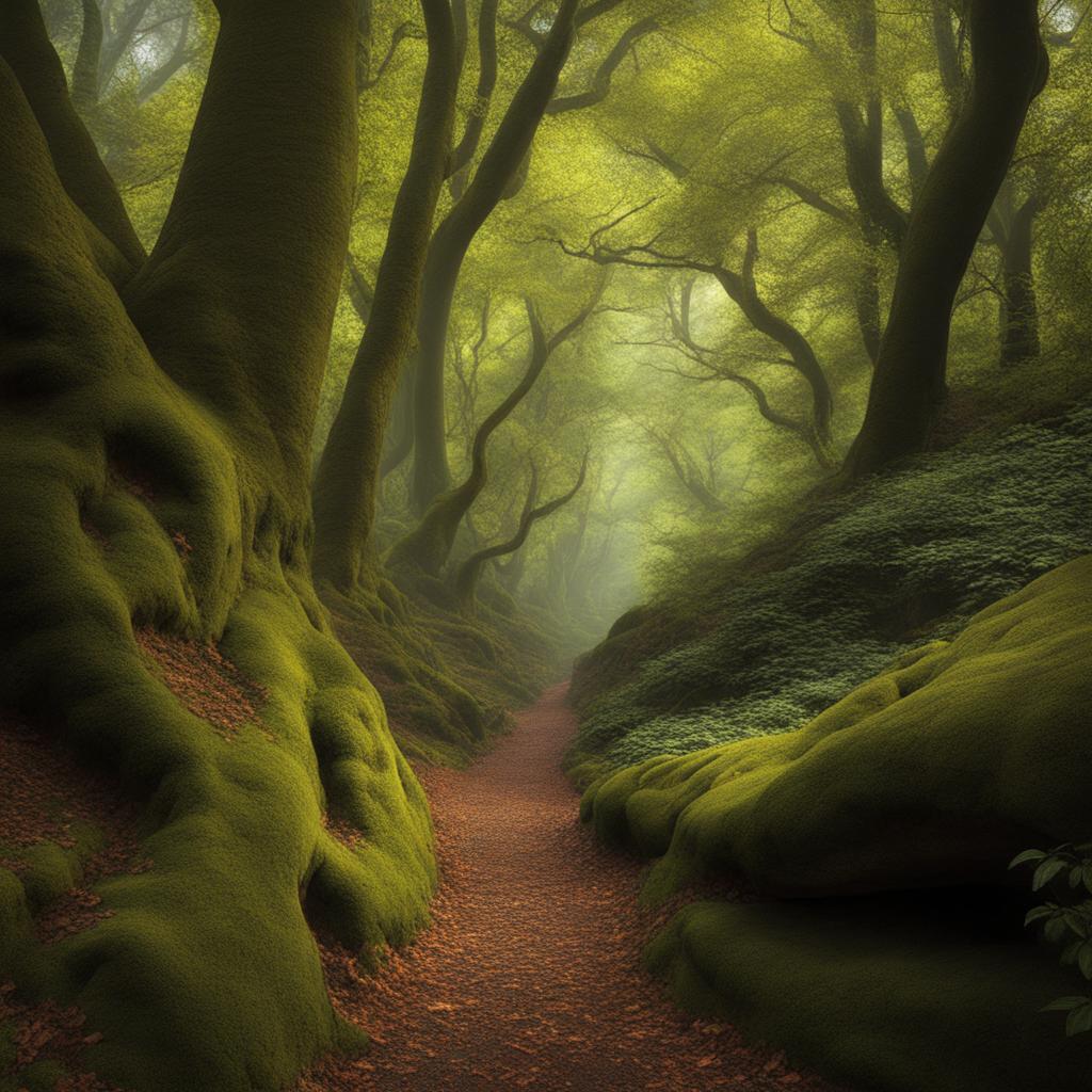 the sentient whispering forests, where ancient trees share the wisdom of millennia through rustling leaves. 