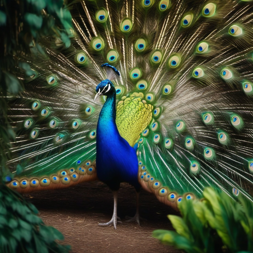 Cute Peacock Displaying Feathers in an Enchanted Garden 8k, cinematic, vivid colors