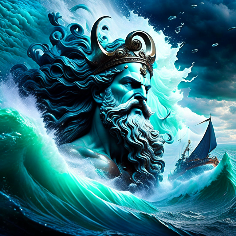 poseidon, the sea god, commanding the waves and guiding a ship through treacherous waters. 