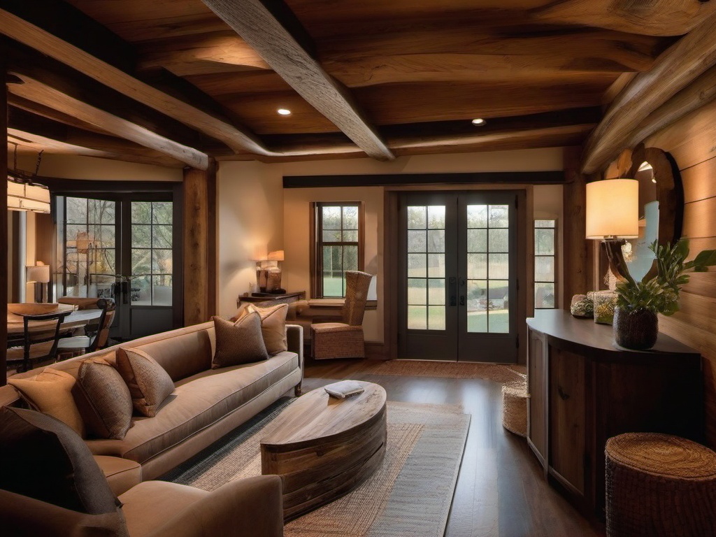 The foyer features rustic interior design with exposed beams, wooden accents, and warm lighting that invites guests into a cozy and welcoming home.  