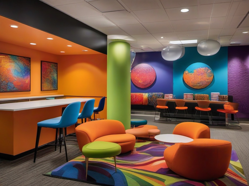 In the office break room, psychedelic interior design includes colorful furniture, funky art, and an engaging ambiance that encourages relaxation and socialization among employees.  