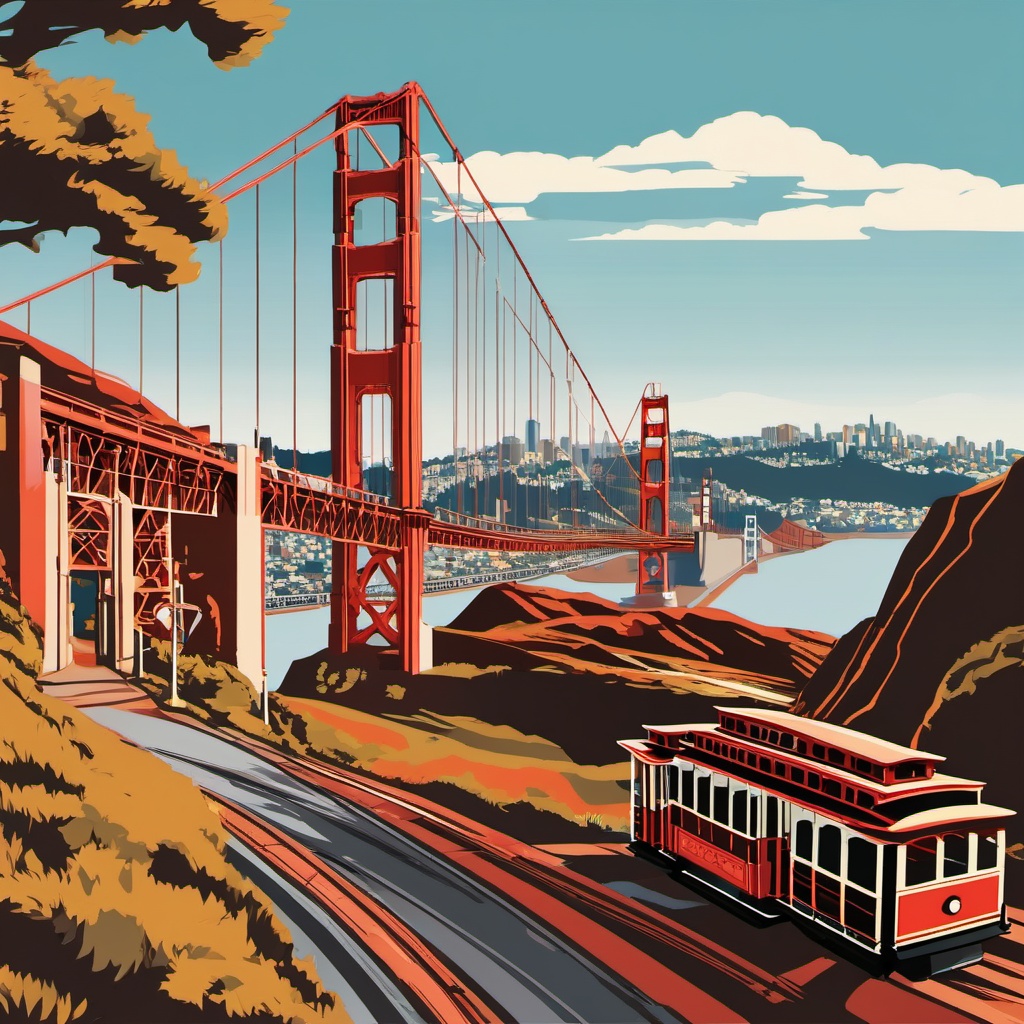 San Francisco clipart - Golden Gate Bridge and cable cars,  color clipart, vector art