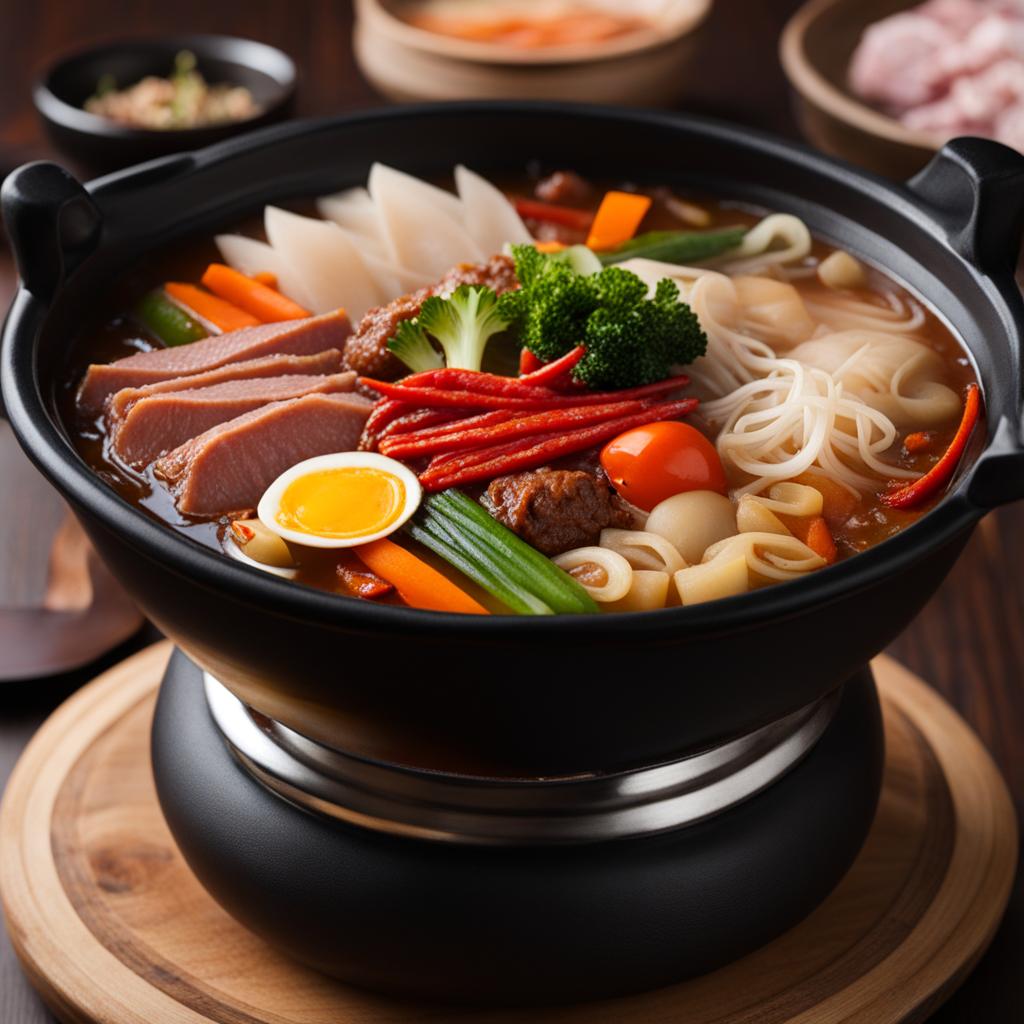 szechuan hot pot - a bubbling cauldron of spicy broth filled with an assortment of meats and veggies. 