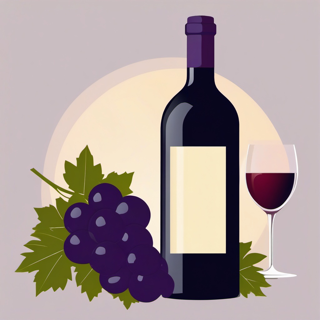 Grape Cluster and Wine Bottle Clipart - A cluster of grapes and a bottle of wine.  color vector clipart, minimal style