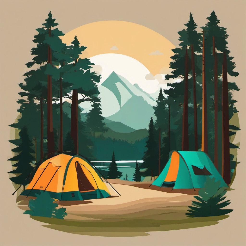 June clipart - camping trip in the woods during June  color,minimalist,vector clipart