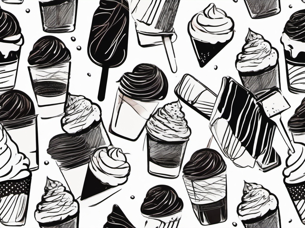 drawing of ice cream with chocolate sauce  minimal rough sketch scribbles,doodles,black and white