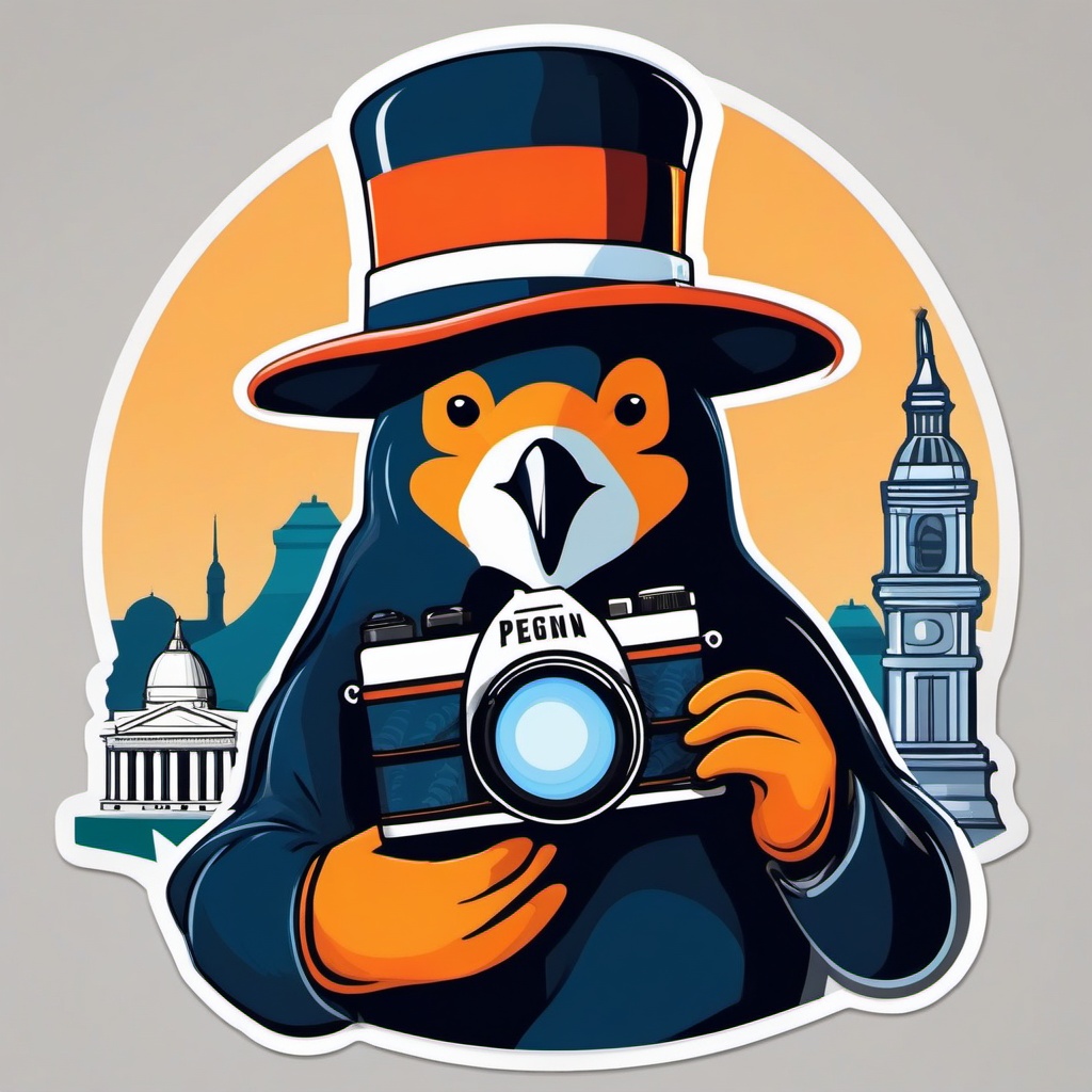 Penguin Tourist Sticker - A penguin tourist with a camera exploring famous landmarks. ,vector color sticker art,minimal