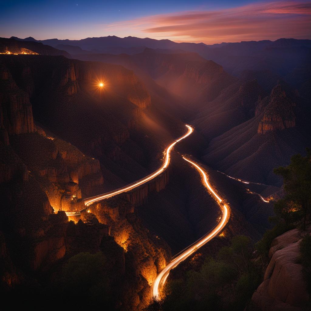 copper canyon - craft a serene night scene of copper canyon, a rugged landscape of canyons and railways, where the milky way arches over the vast terrain. 