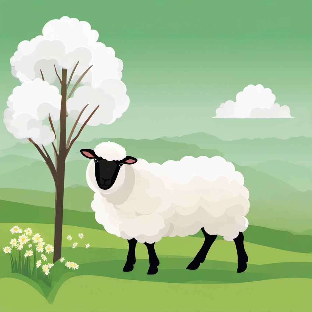 Sheep clipart - Fluffy white sheep in a green pasture, ,vector color clipart,minimal