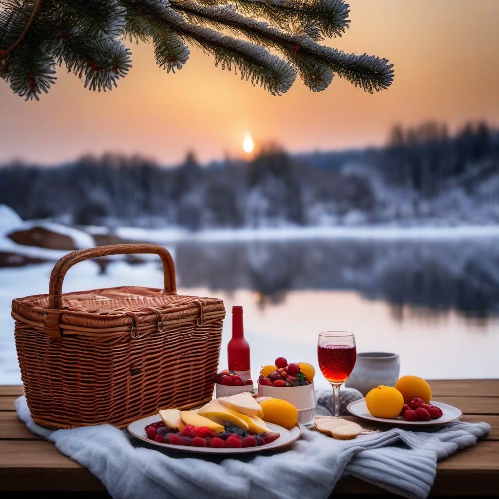 Winter Picnic by the Lake  background picture, close shot professional product  photography, natural lighting, canon lens, shot on dslr 64 megapixels sharp focus