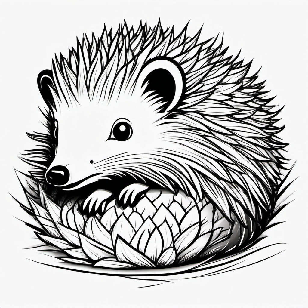 Hedgehog Tattoo - Adorable hedgehog curled up into a spiky ball  few color tattoo design, simple line art, design clean white background