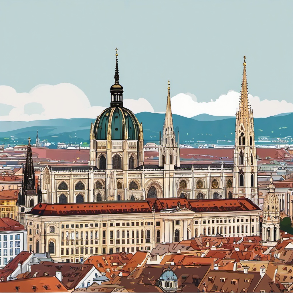 Vienna clipart - St. Stephen's Cathedral and Vienna cityscape,  color vector clipart