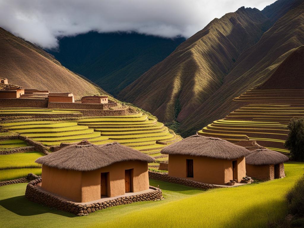 peruvian adobe houses, with earthy tones, blend into the landscapes of the sacred valley, peru. 