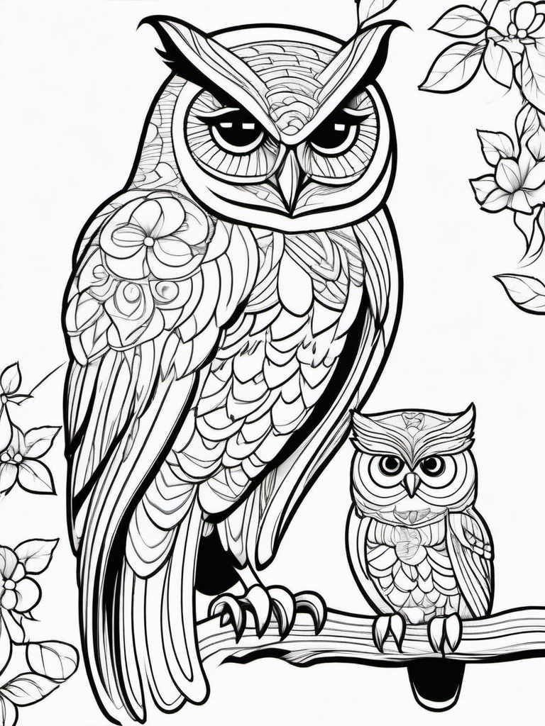 Owl Coloring Pages - Owl with a baby owl  simple coloring pages